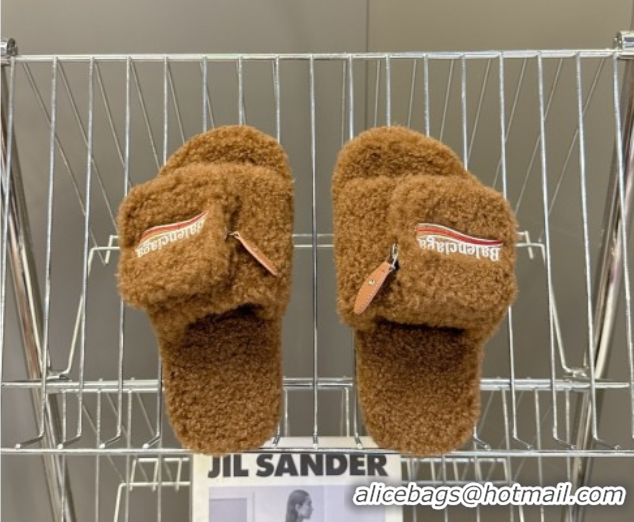 Grade Quality Balenciaga Shearling-Like Platform Slides Sandal Brown 0827014