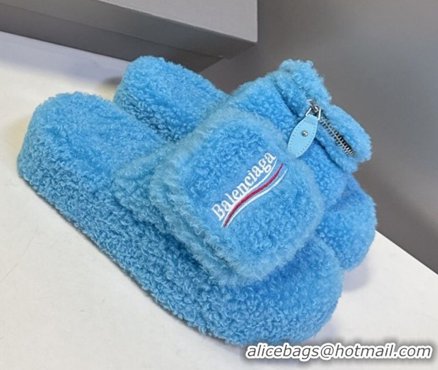 Luxurious Balenciaga Shearling-Like Platform Slides Sandal Blue 0827015