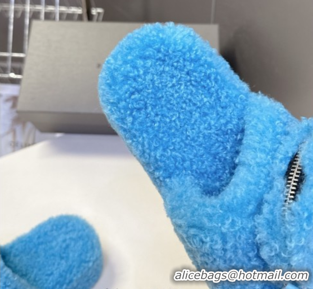 Luxurious Balenciaga Shearling-Like Platform Slides Sandal Blue 0827015