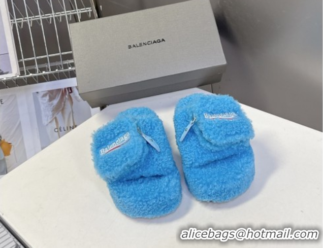 Luxurious Balenciaga Shearling-Like Platform Slides Sandal Blue 0827015