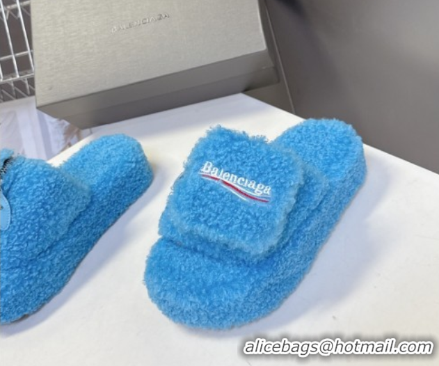 Luxurious Balenciaga Shearling-Like Platform Slides Sandal Blue 0827015