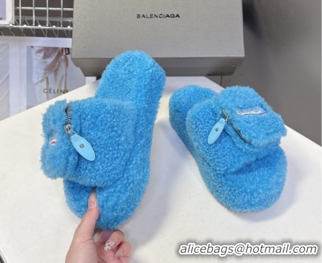 Luxurious Balenciaga Shearling-Like Platform Slides Sandal Blue 0827015