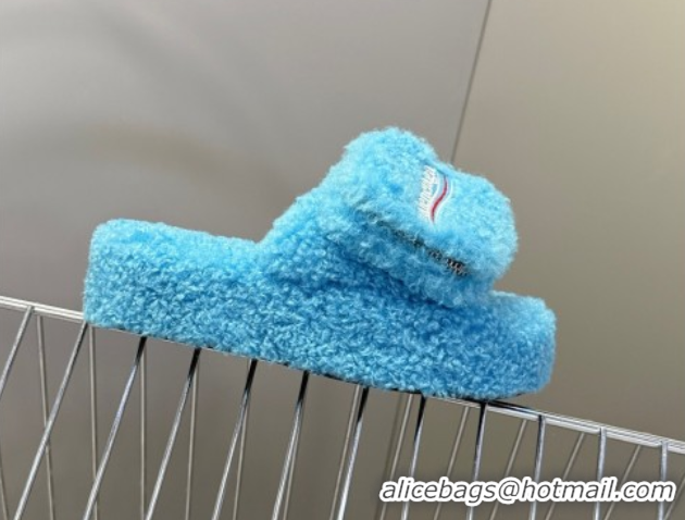 Luxurious Balenciaga Shearling-Like Platform Slides Sandal Blue 0827015