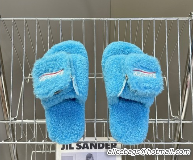 Luxurious Balenciaga Shearling-Like Platform Slides Sandal Blue 0827015