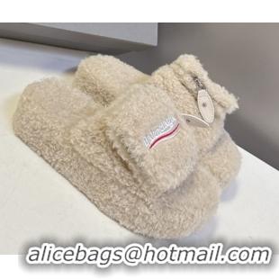 Popular Style Balenciaga Shearling-Like Platform Slides Sandal Beige 0827016