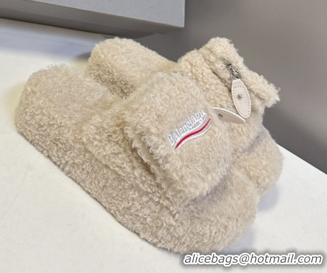 Popular Style Balenciaga Shearling-Like Platform Slides Sandal Beige 0827016