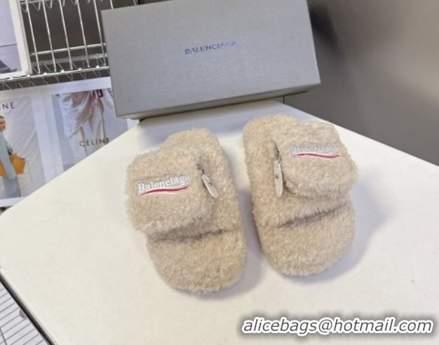 Popular Style Balenciaga Shearling-Like Platform Slides Sandal Beige 0827016