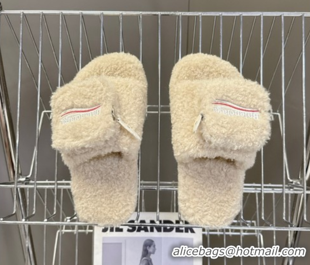 Popular Style Balenciaga Shearling-Like Platform Slides Sandal Beige 0827016