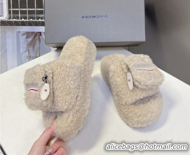 Popular Style Balenciaga Shearling-Like Platform Slides Sandal Beige 0827016