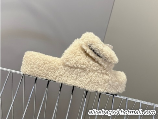 Popular Style Balenciaga Shearling-Like Platform Slides Sandal Beige 0827016