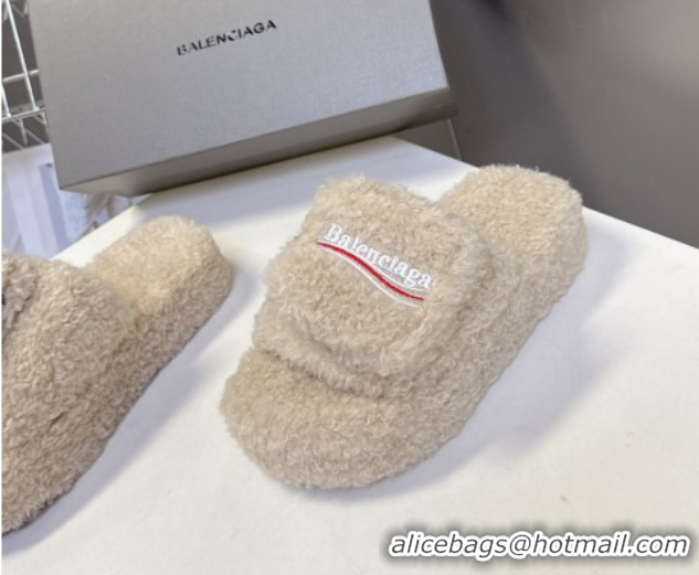 Popular Style Balenciaga Shearling-Like Platform Slides Sandal Beige 0827016