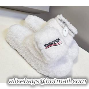 Good Looking Balenciaga Shearling-Like Platform Slides Sandal White 0827017