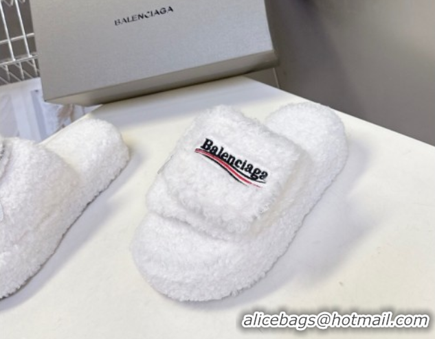 Good Looking Balenciaga Shearling-Like Platform Slides Sandal White 0827017