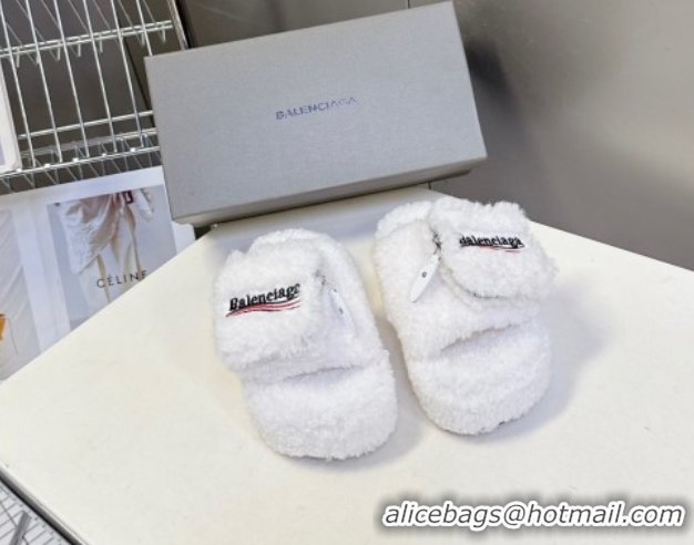 Good Looking Balenciaga Shearling-Like Platform Slides Sandal White 0827017