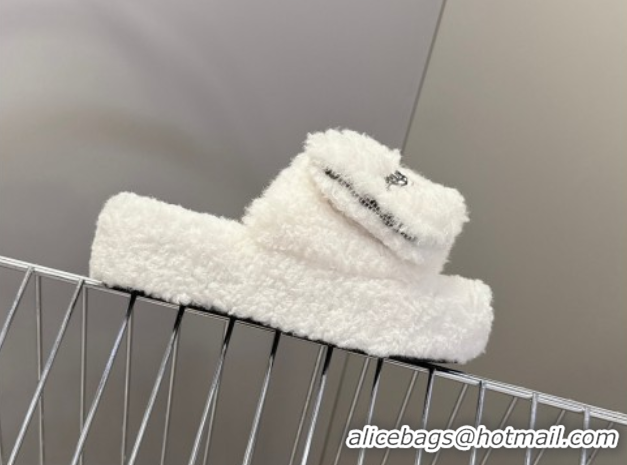 Good Looking Balenciaga Shearling-Like Platform Slides Sandal White 0827017
