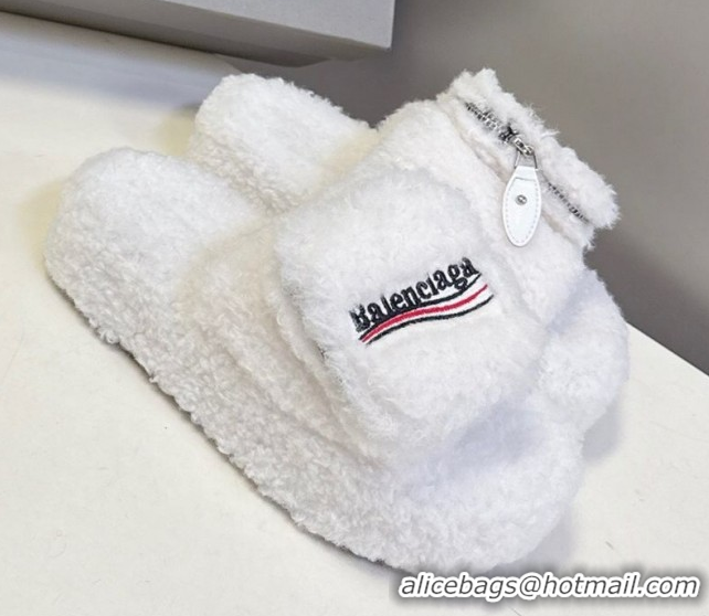 Good Looking Balenciaga Shearling-Like Platform Slides Sandal White 0827017