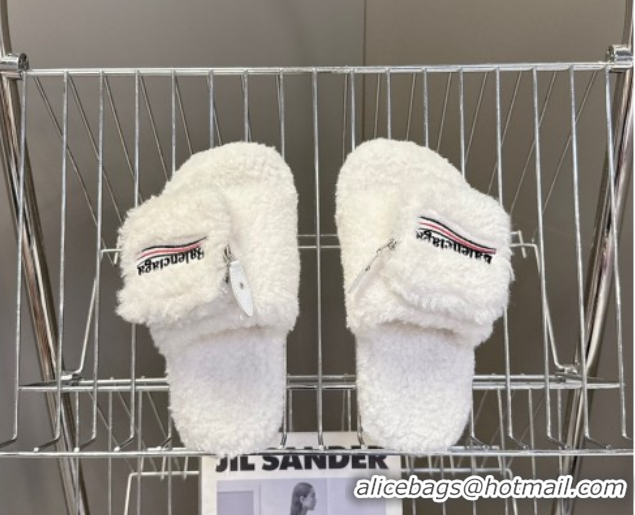 Good Looking Balenciaga Shearling-Like Platform Slides Sandal White 0827017