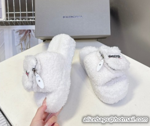 Good Looking Balenciaga Shearling-Like Platform Slides Sandal White 0827017