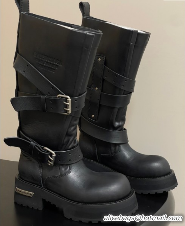 Most Popular Balenciaga Women's Venom High Boots 5cm with Strap Buckle in Calfskin Black 0827018