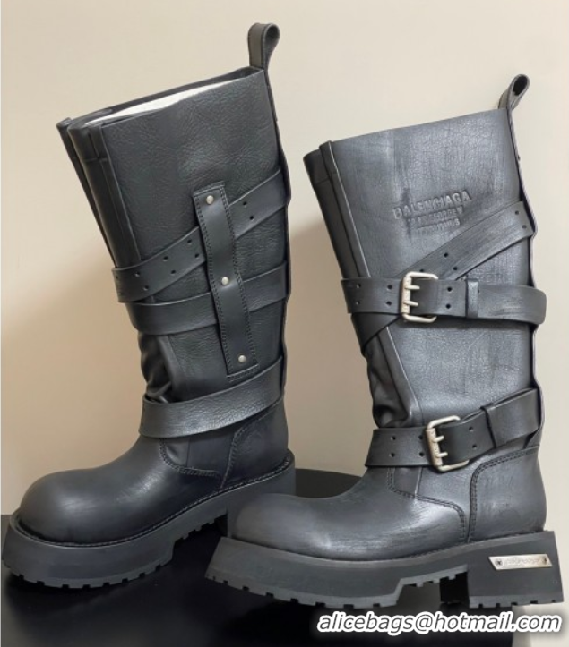 Most Popular Balenciaga Women's Venom High Boots 5cm with Strap Buckle in Calfskin Black 0827018