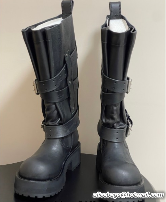 Most Popular Balenciaga Women's Venom High Boots 5cm with Strap Buckle in Calfskin Black 0827018