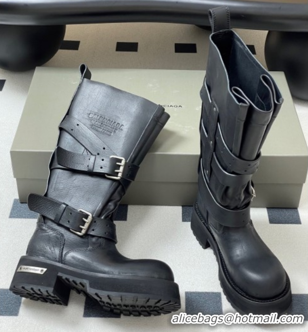 Most Popular Balenciaga Women's Venom High Boots 5cm with Strap Buckle in Calfskin Black 0827018