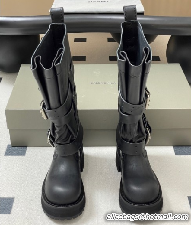 Most Popular Balenciaga Women's Venom High Boots 5cm with Strap Buckle in Calfskin Black 0827018