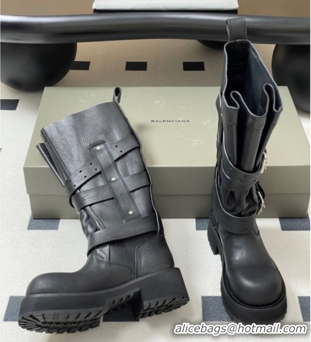 Most Popular Balenciaga Women's Venom High Boots 5cm with Strap Buckle in Calfskin Black 0827018
