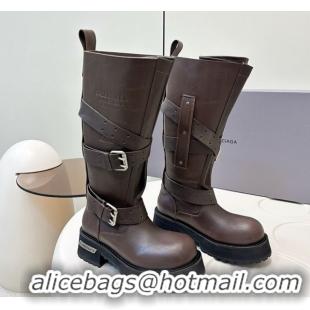 Best Product Balenciaga Women's Venom High Boots 5cm with Strap Buckle in Calfskin Brown 0827019