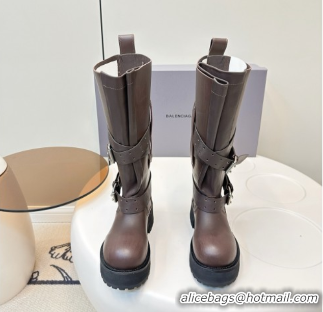 Best Product Balenciaga Women's Venom High Boots 5cm with Strap Buckle in Calfskin Brown 0827019