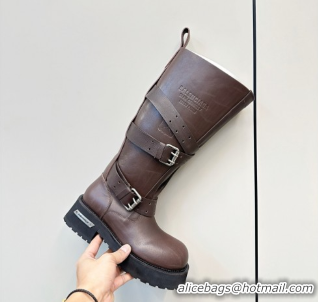 Best Product Balenciaga Women's Venom High Boots 5cm with Strap Buckle in Calfskin Brown 0827019