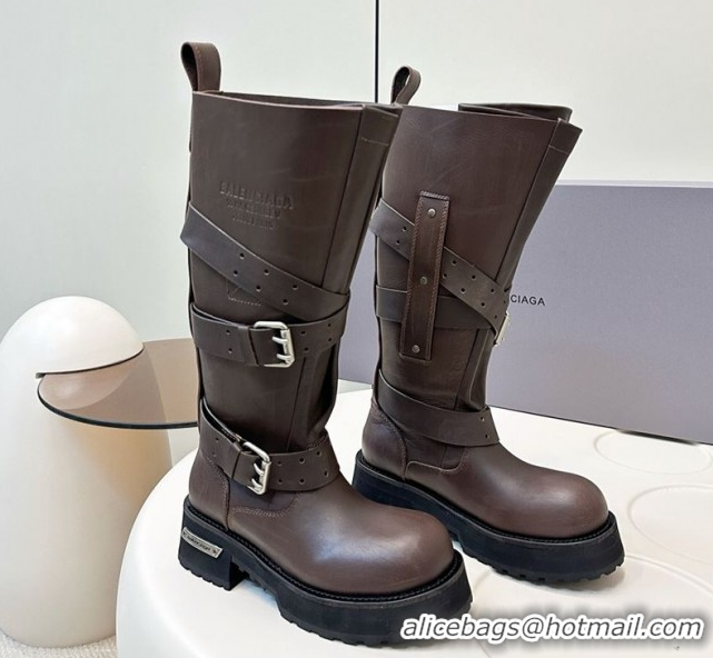 Best Product Balenciaga Women's Venom High Boots 5cm with Strap Buckle in Calfskin Brown 0827019