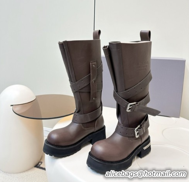 Best Product Balenciaga Women's Venom High Boots 5cm with Strap Buckle in Calfskin Brown 0827019