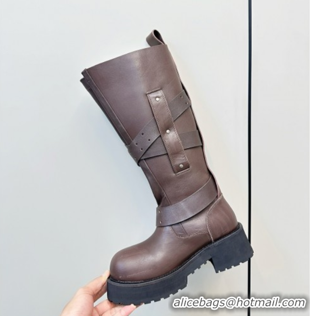 Best Product Balenciaga Women's Venom High Boots 5cm with Strap Buckle in Calfskin Brown 0827019