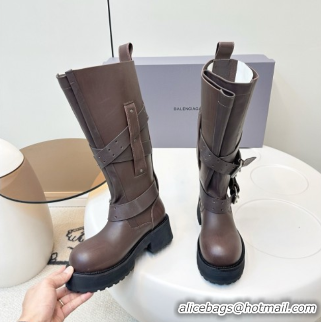 Best Product Balenciaga Women's Venom High Boots 5cm with Strap Buckle in Calfskin Brown 0827019