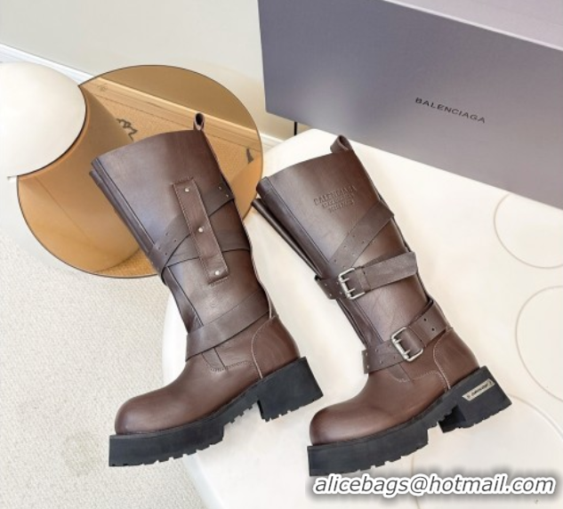 Best Product Balenciaga Women's Venom High Boots 5cm with Strap Buckle in Calfskin Brown 0827019