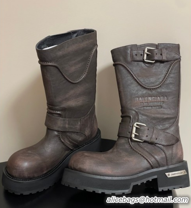 Best Price Balenciaga Women's Venom Mid Boots 5cm with Strap Buckle in Calfskin Brown 0827021