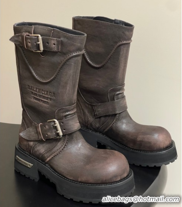 Best Price Balenciaga Women's Venom Mid Boots 5cm with Strap Buckle in Calfskin Brown 0827021