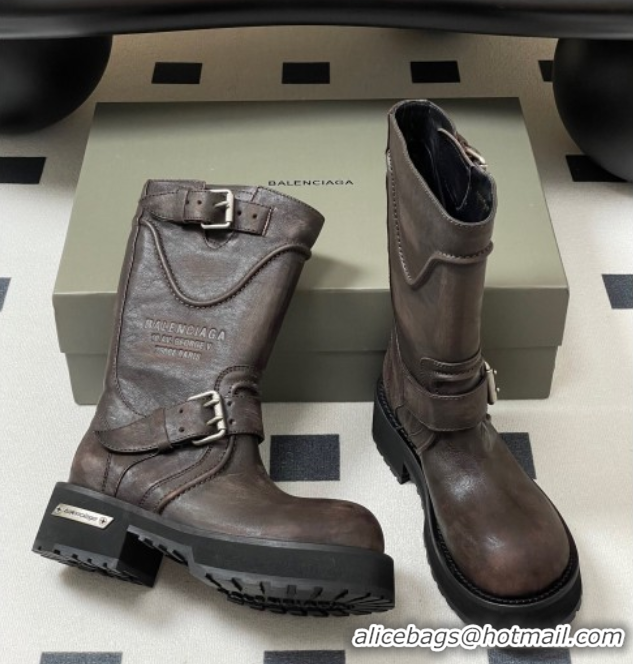 Best Price Balenciaga Women's Venom Mid Boots 5cm with Strap Buckle in Calfskin Brown 0827021