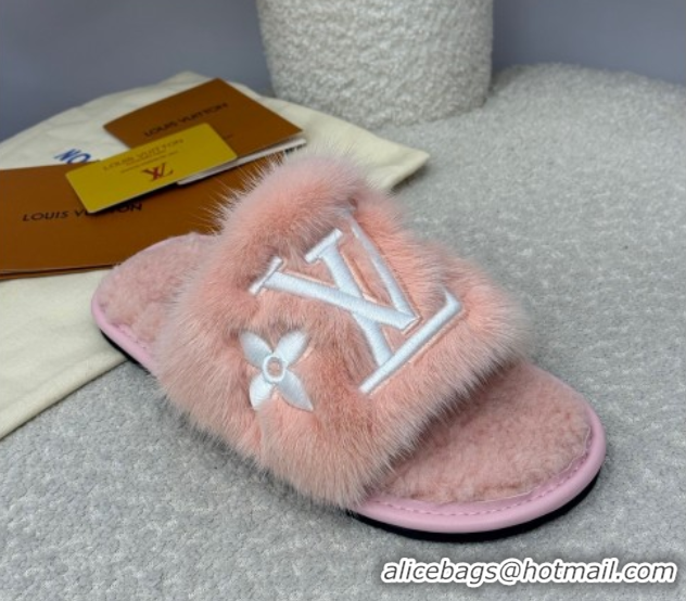Cheap Louis Vuitton Mink Fur Flat Slipper Pink 2025 LV082901 0829002