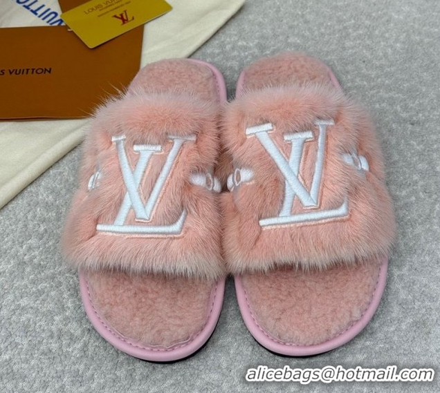 Cheap Louis Vuitton Mink Fur Flat Slipper Pink 2025 LV082901 0829002