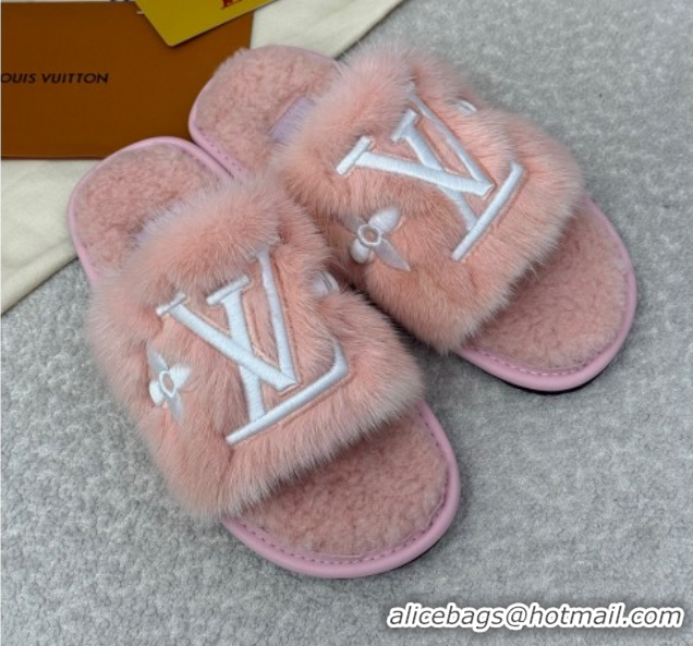 Cheap Louis Vuitton Mink Fur Flat Slipper Pink 2025 LV082901 0829002