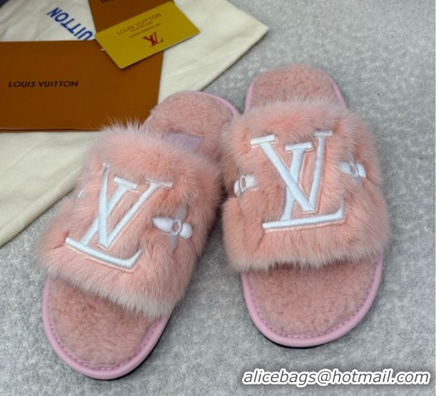 Cheap Louis Vuitton Mink Fur Flat Slipper Pink 2025 LV082901 0829002