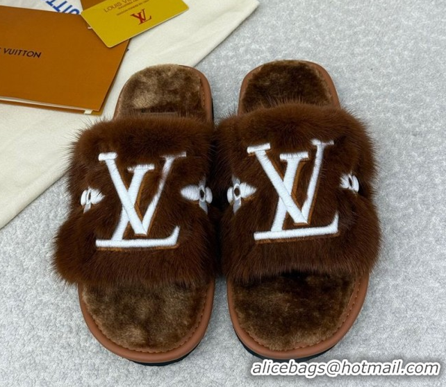 Buy Luxury Louis Vuitton Mink Fur Flat Slipper Brown 2025 LV082901 0829003
