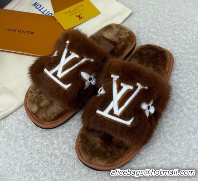 Buy Luxury Louis Vuitton Mink Fur Flat Slipper Brown 2025 LV082901 0829003