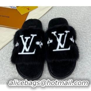 Good Quality Louis Vuitton Mink Fur Flat Slipper Black 2025 LV082901 0829004