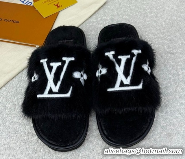 Good Quality Louis Vuitton Mink Fur Flat Slipper Black 2025 LV082901 0829004