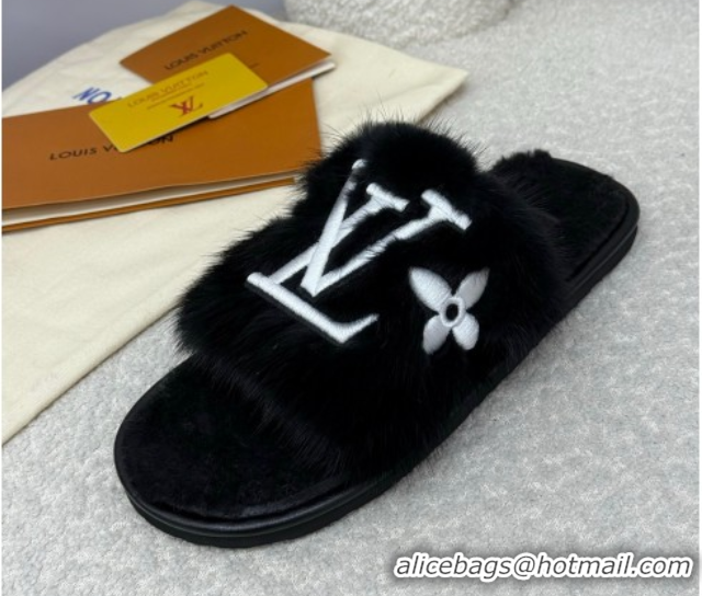 Good Quality Louis Vuitton Mink Fur Flat Slipper Black 2025 LV082901 0829004