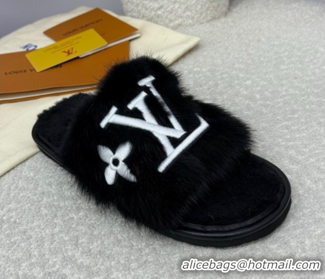Good Quality Louis Vuitton Mink Fur Flat Slipper Black 2025 LV082901 0829004