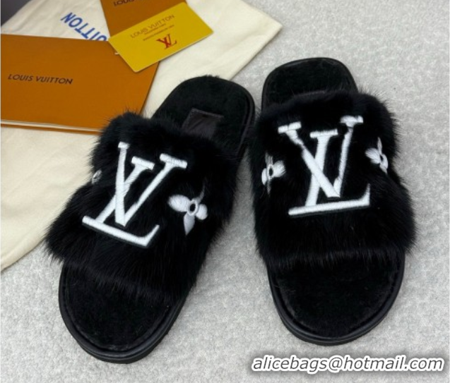 Good Quality Louis Vuitton Mink Fur Flat Slipper Black 2025 LV082901 0829004